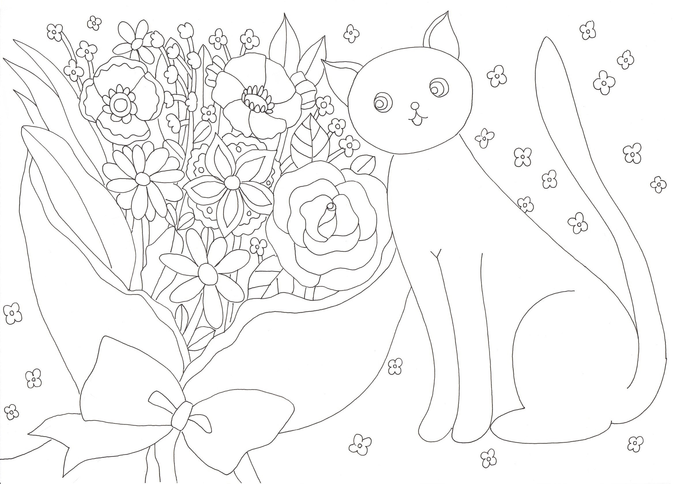 大人気の白ネコちゃんと 花束の塗り絵です ぬりえラボ