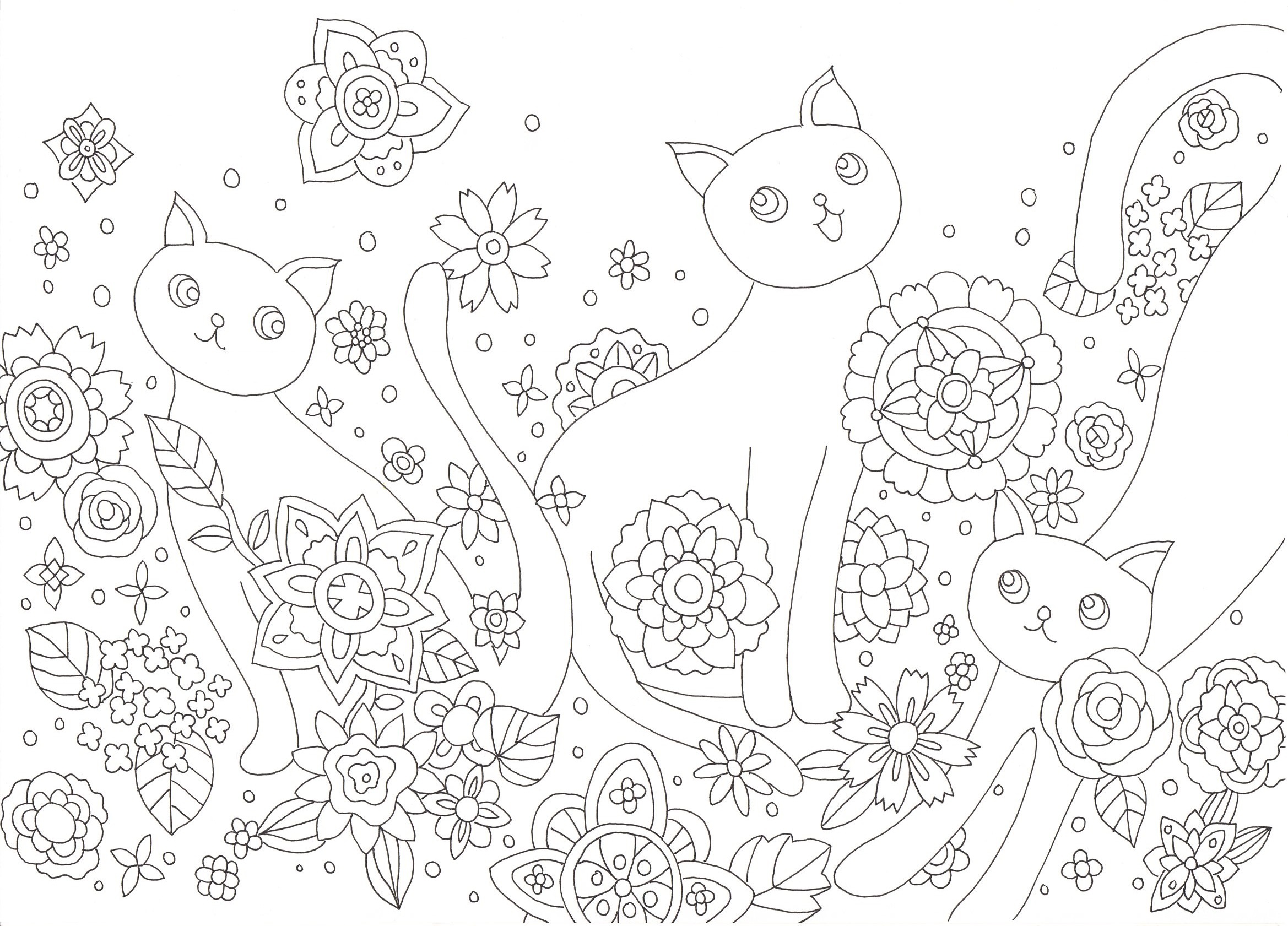 かわいい猫たちが花の中で遊んでいる塗り絵です ぬりえラボ