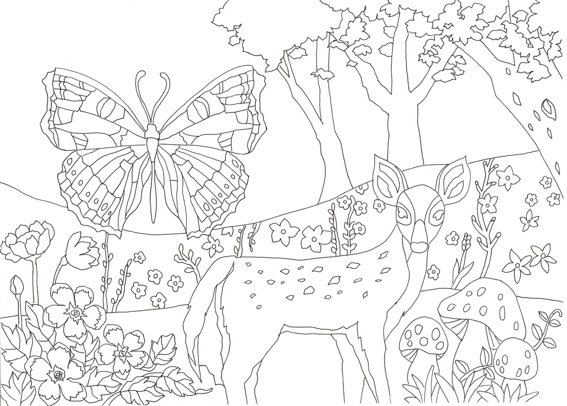 蝶と鹿がいる 美しく幻想的な庭園の塗り絵です ぬりえラボ